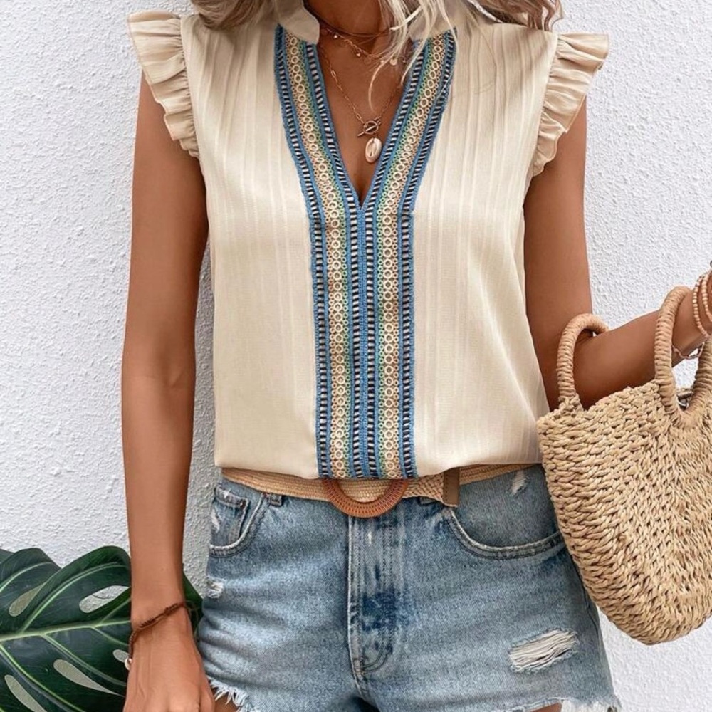 Cream Embroidered V-Neck Ruffle Sleeve Blouse